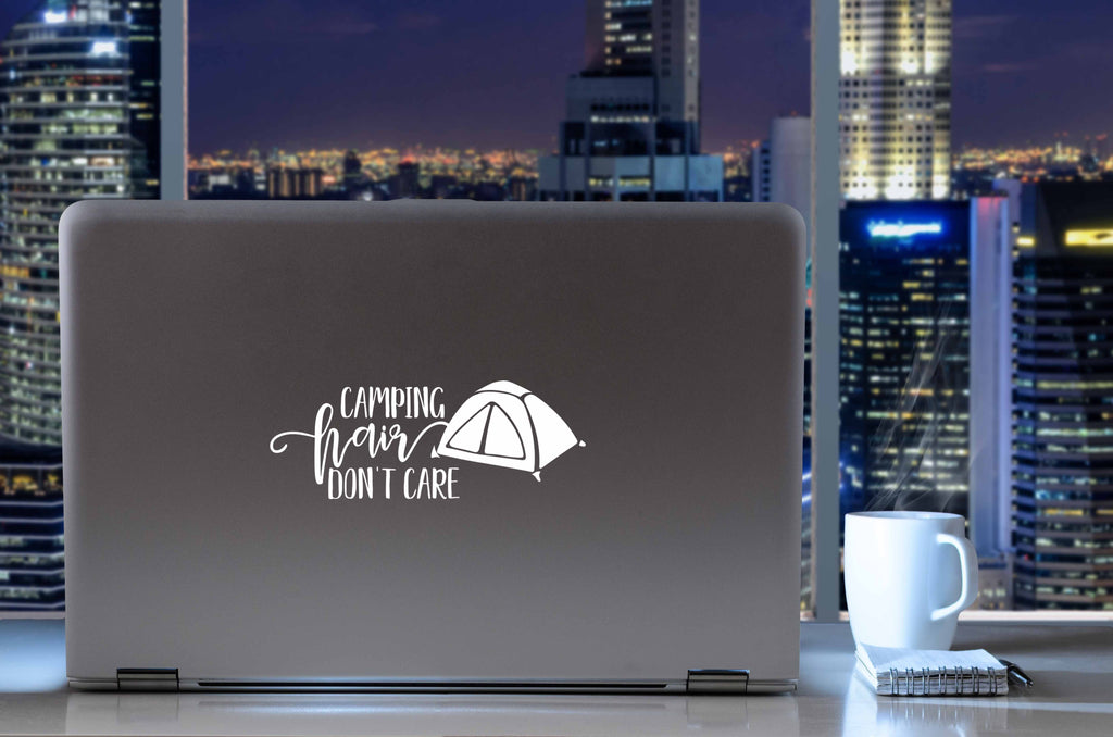 Camping Hair Don't Care | 7.9" x 3" Vinyl Sticker | Peel and Stick Inspirational Motivational Quotes Stickers Gift | Decal for Outdoors/Nature Camping Lovers